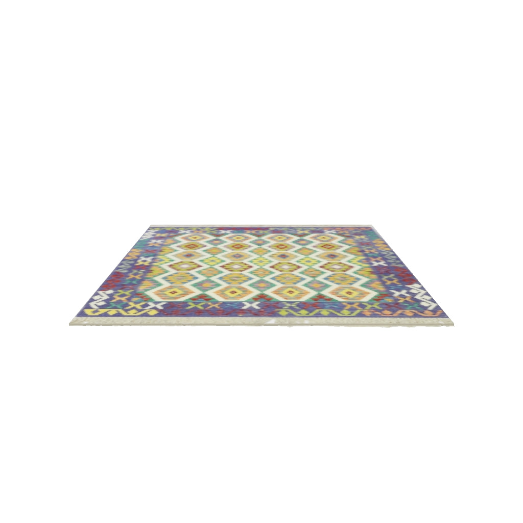 Afghan Kilim Rug 5x7 | Purple, Rust & Ivory | Hand-Woven Wool Flatweave | True-Size 3D Rug | View in Your Room