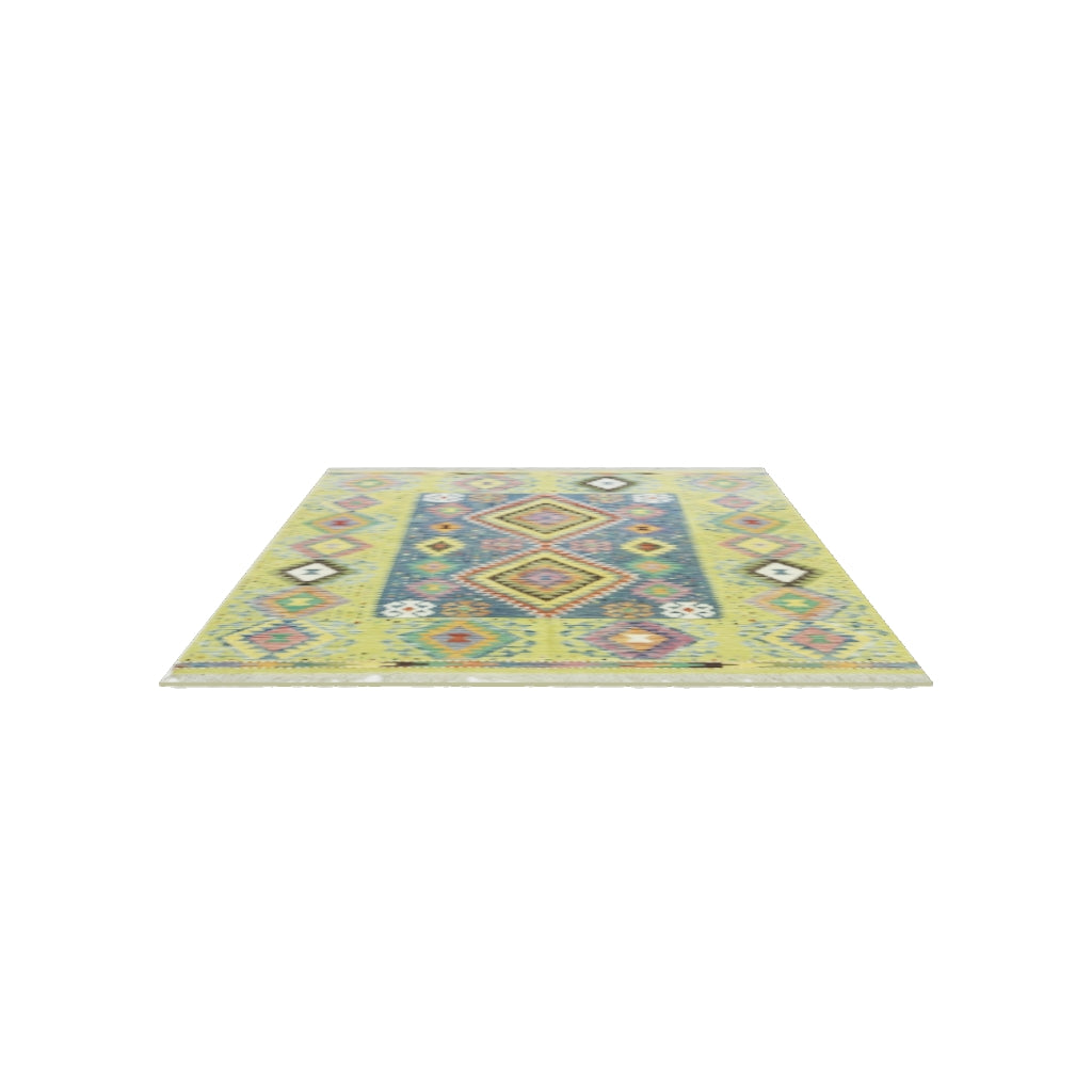 Afghan Kilim Rug 5x7 | Olive Green, Blue & Purple | Hand-Woven Wool Flatweave | True-Size 3D Rug | View in Your Room