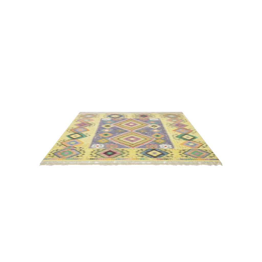 Afghan Kilim Rug 5x7 | Yellow, Blue & Purple | Hand-Woven Wool Flatweave | True-Size 3D Rug | View in Your Room