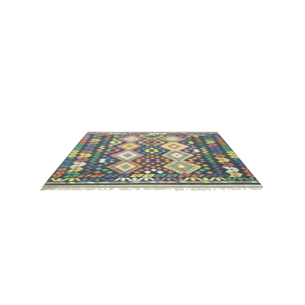 Afghan Kilim Rug 5x6 | Navy, Green & Yellow | Hand-Woven Wool Flatweave | True-Size 3D Rug | View in Your Room