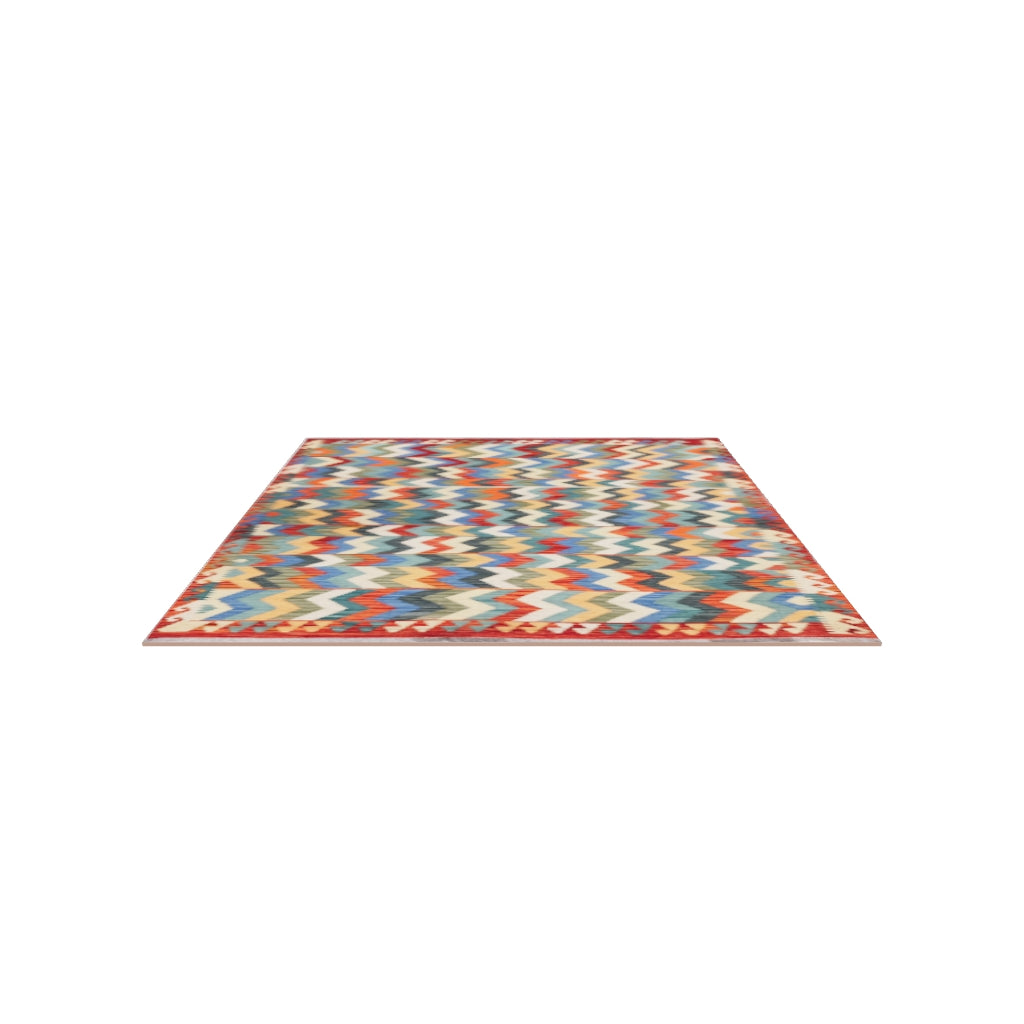 Afghan Kilim Rug 6x8 | Red, Blue & Teal | Hand-Woven Wool Flatweave | True-Size 3D Rug | View in Your Room