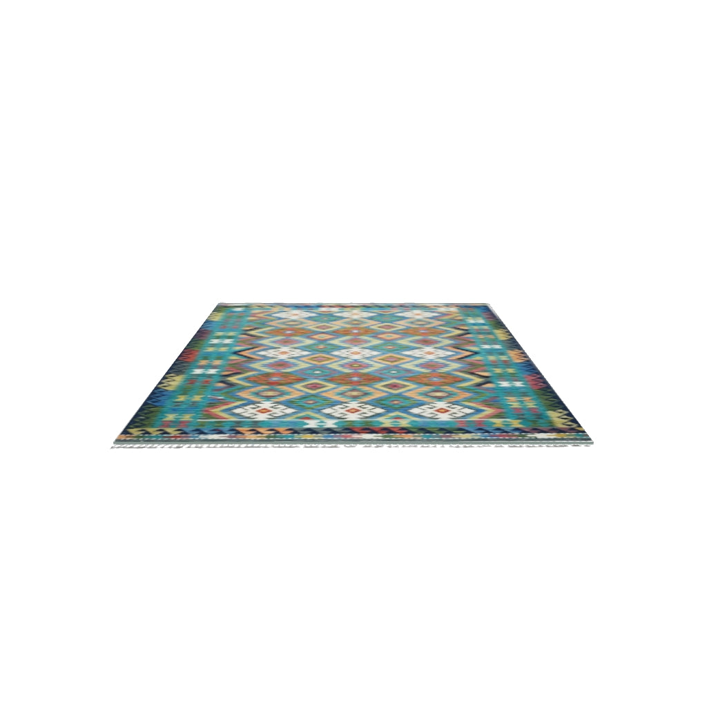 Afghan Kilim Rug 6x8 | Teal, Brown & Orange | Hand-Woven Wool Flatweave | True-Size 3D Rug | View in Your Room