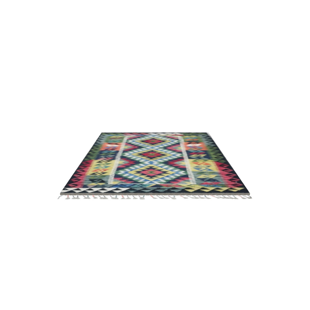 Afghan Kilim Rug 3x4 | Black, Blue & Red | Hand-Woven Wool Flatweave | True-Size 3D Rug | View in Your Room