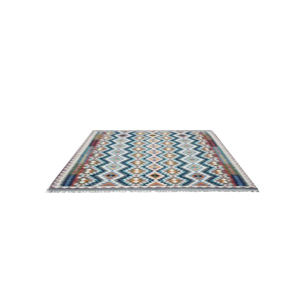 Afghan Kilim Rug 6x8 | Teal, Ivory & Navy | Hand-Woven Wool Flatweave | True-Size 3D Rug | View in Your Room