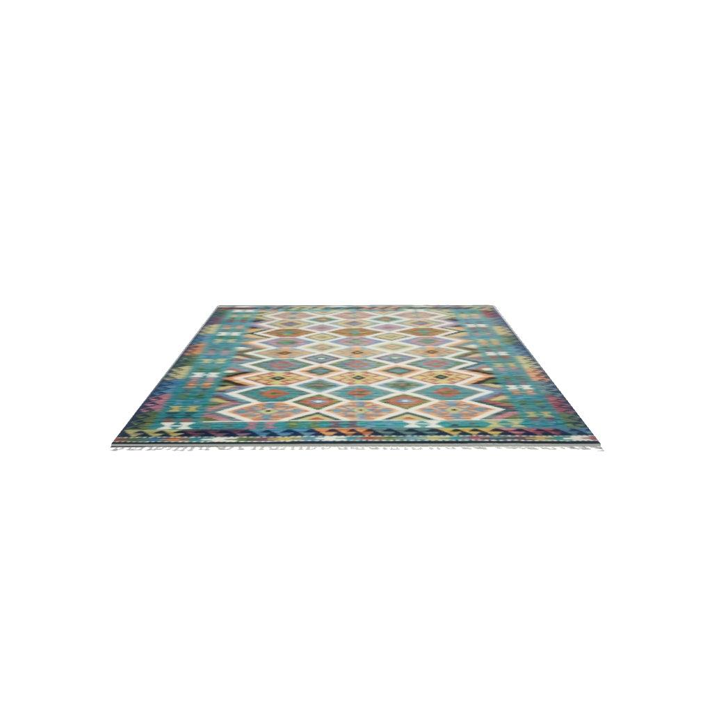 Afghan Kilim Rug 6x8 | Teal, Navy & Ivory | Hand-Woven Wool Flatweave | True-Size 3D Rug | View in Your Room