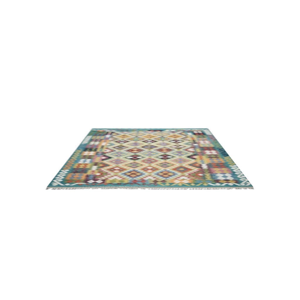 Afghan Kilim Rug 6x8 | Gold, Teal & Orange | Hand-Woven Wool Flatweave | True-Size 3D Rug | View in Your Room