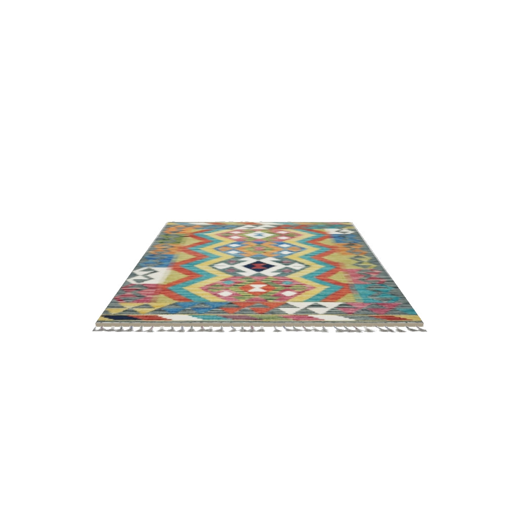 Afghan Kilim Rug 3x4 | Rust, Gold & Teal | Hand-Woven Wool Flatweave | True-Size 3D Rug | View in Your Room