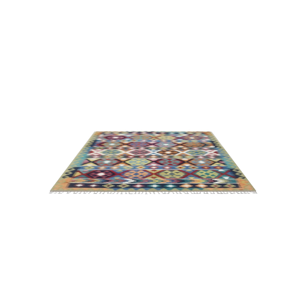 Afghan Kilim Rug 6x8 | Navy, Rust & Olive Green | Hand-Woven Wool Flatweave | True-Size 3D Rug | View in Your Room