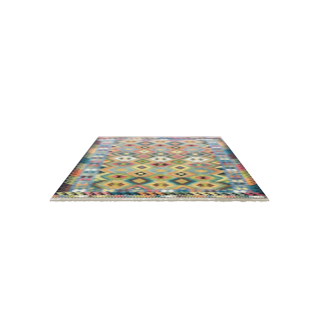 Afghan Kilim Rug 6x8 | Teal, Orange & Blue | Hand-Woven Wool Flatweave | True-Size 3D Rug | View in Your Room