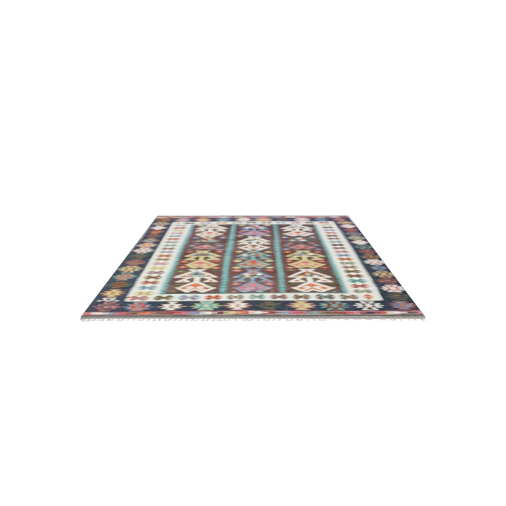 Afghan Kilim Rug 6x8 | Brown, Navy & Ivory | Hand-Woven Wool Flatweave | True-Size 3D Rug | View in Your Room