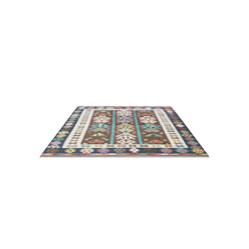Afghan Kilim Rug 6x9 | Brown, Navy & Ivory | Hand-Woven Wool Flatweave | True-Size 3D Rug | View in Your Room