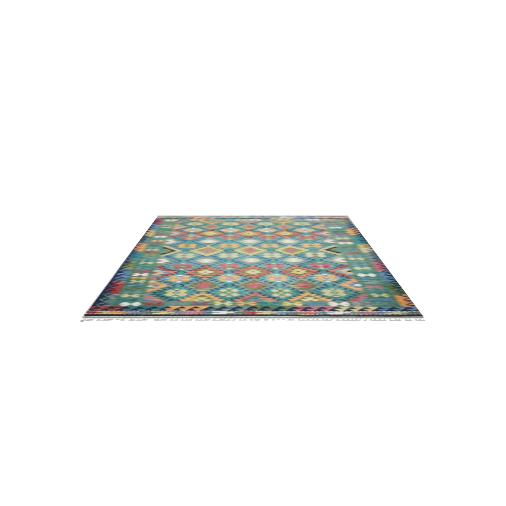 Afghan Kilim Rug 6x9 | Teal, Navy & Orange | Hand-Woven Wool Flatweave | True-Size 3D Rug | View in Your Room