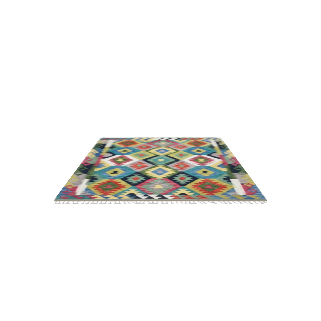 Afghan Kilim Rug 4x6 | Olive Green, Teal & Red | Hand-Woven Wool Flatweave | True-Size 3D Rug | View in Your Room