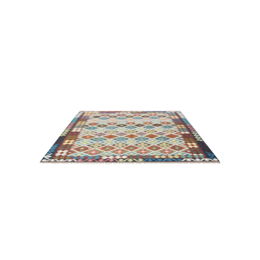 Afghan Kilim Rug 6x8 | Rust, Navy & Ivory | Hand-Woven Wool Flatweave | True-Size 3D Rug | View in Your Room