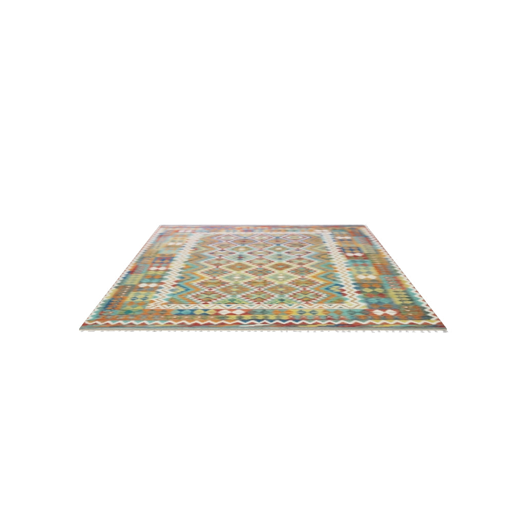 Afghan Kilim Rug 7x10 | Rust, Teal & Gold | Hand-Woven Wool Flatweave | True-Size 3D Rug | View in Your Room