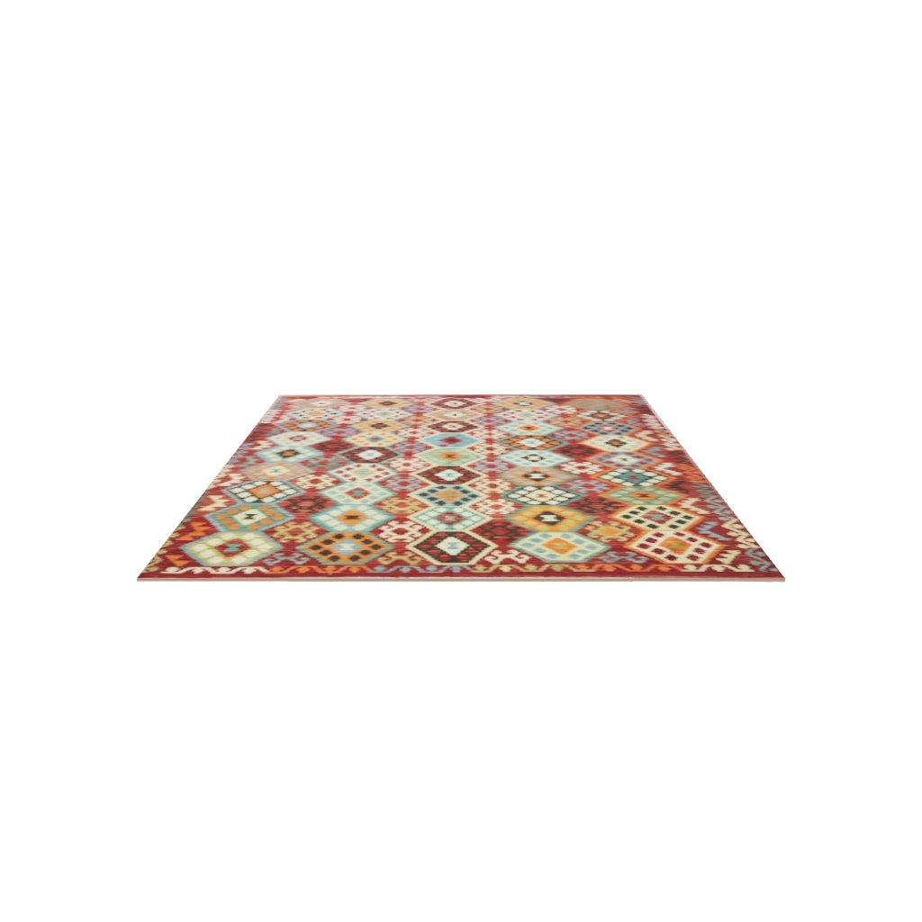Afghan Kilim Rug 7x10 | Red, Teal & Ivory | Hand-Woven Wool Flatweave | True-Size 3D Rug | View in Your Room