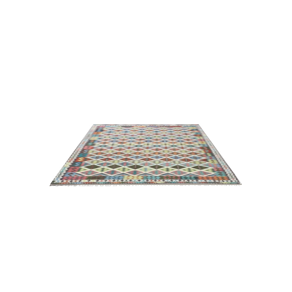 Afghan Kilim Rug 6x10 | Ivory, Navy & Teal | Hand-Woven Wool Flatweave | True-Size 3D Rug | View in Your Room