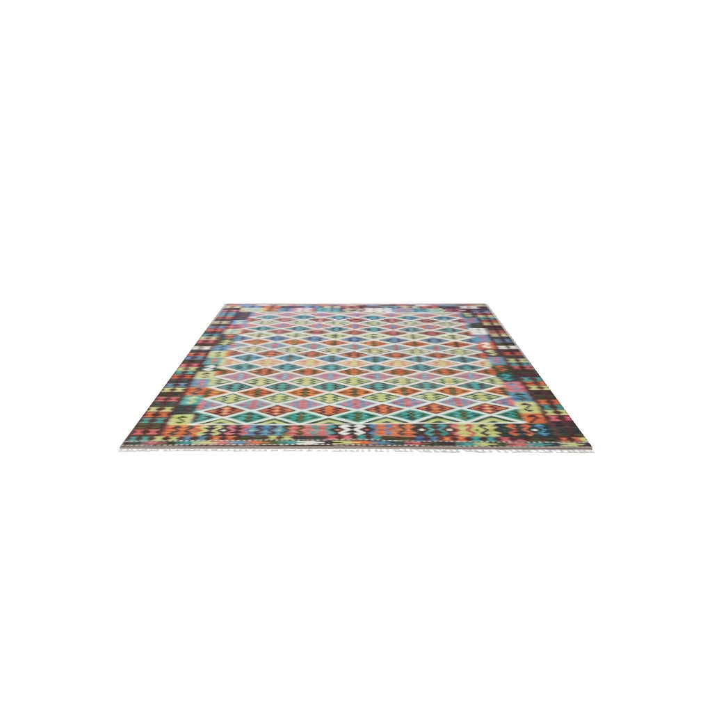 Afghan Kilim Rug 6x10 | Ivory, Brown & Teal | Hand-Woven Wool Flatweave | True-Size 3D Rug | View in Your Room