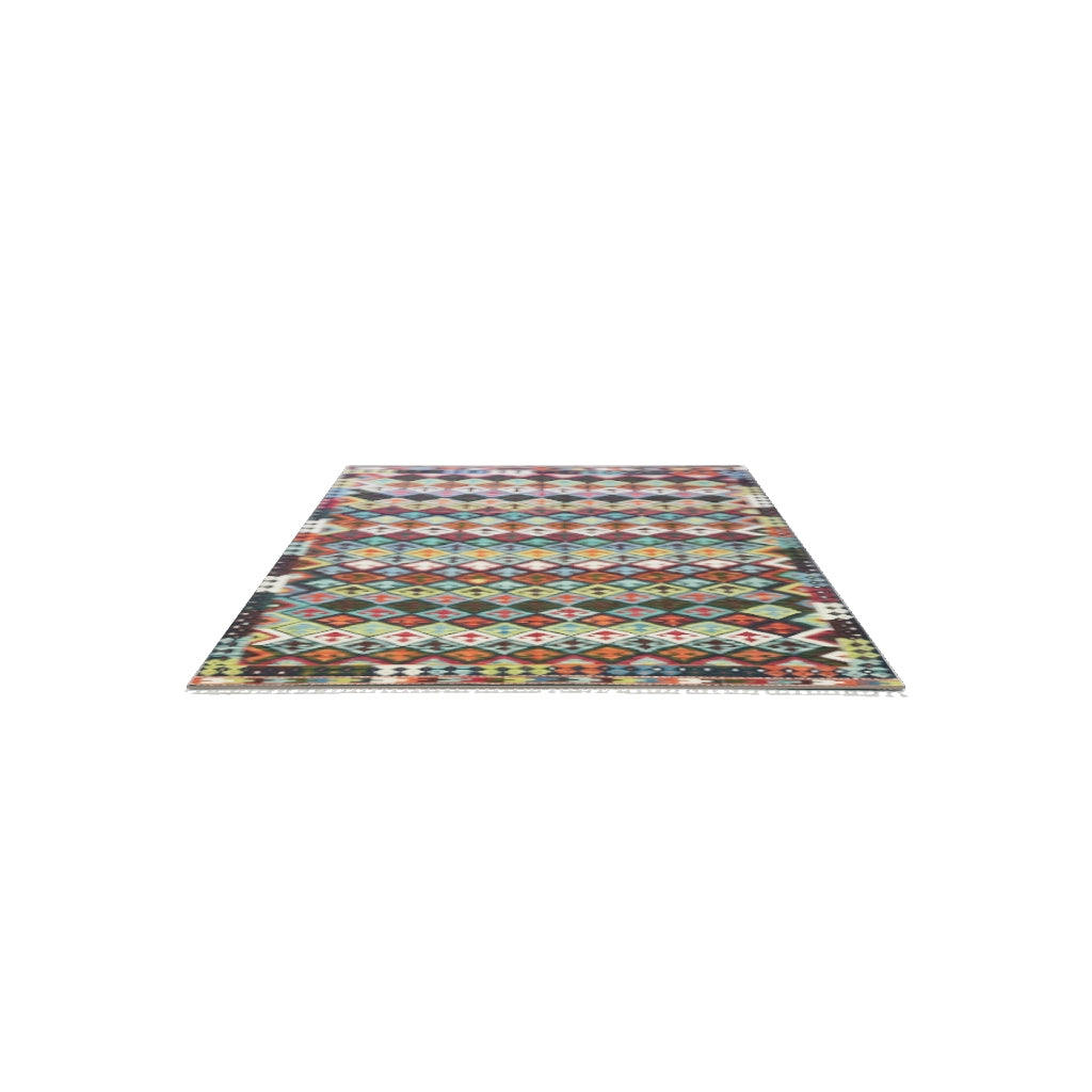 Afghan Kilim Rug 6x10 | Navy, Rust & Teal | Hand-Woven Wool Flatweave | True-Size 3D Rug | View in Your Room