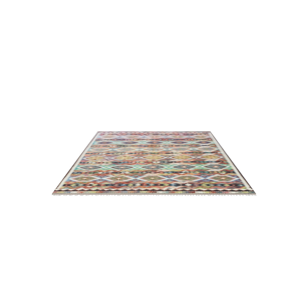 Afghan Kilim Rug 6x10 | Rust, Brown & Teal | Striped Wool Flatweave | True-Size 3D Rug | View in Your Room