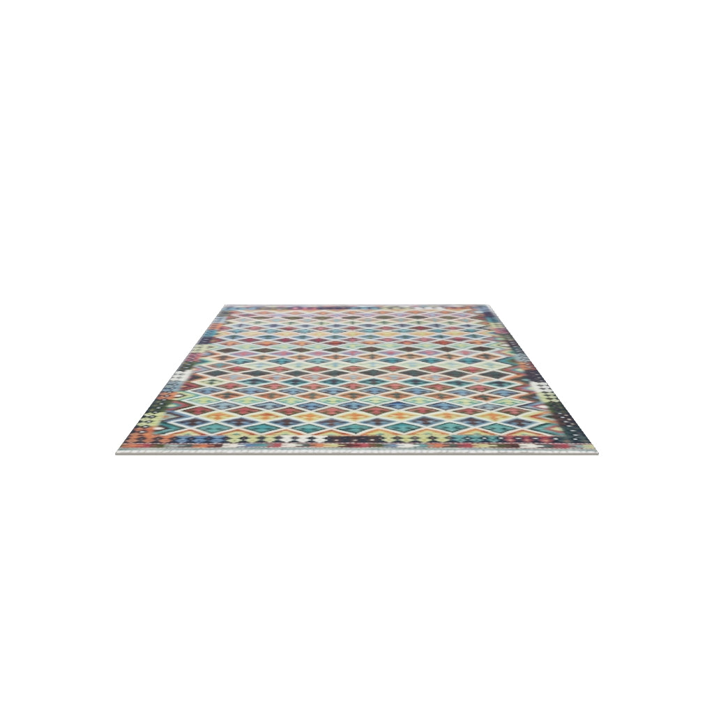 Afghan Kilim Rug 6x10 | Ivory, Rust & Teal | Diamond Lattice Wool Flatweave | True-Size 3D Rug | View in Your Room
