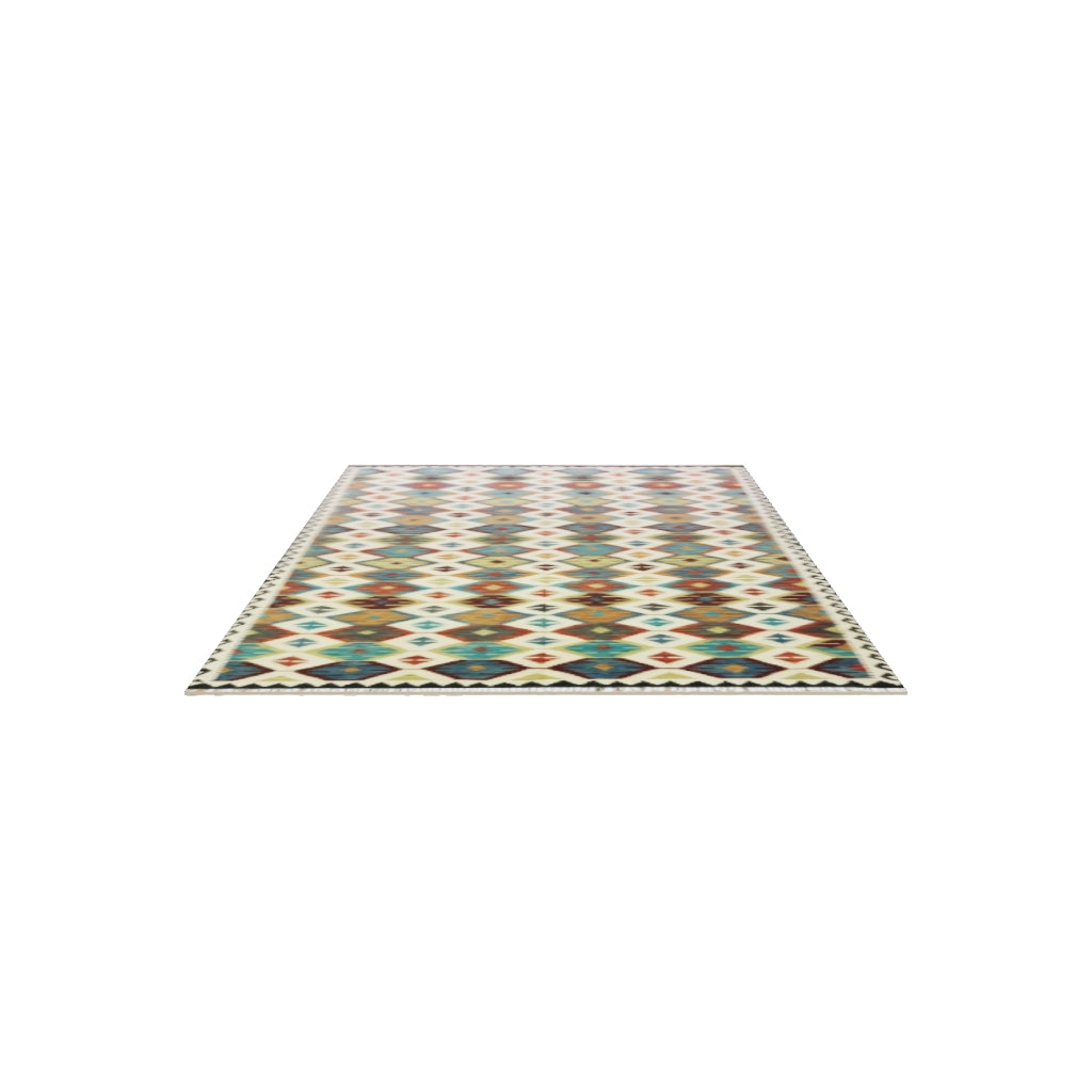 Afghan Kilim Rug 6x10 | Ivory, Rust & Teal | Hand-Woven Wool Flatweave | True-Size 3D Rug | View in Your Room