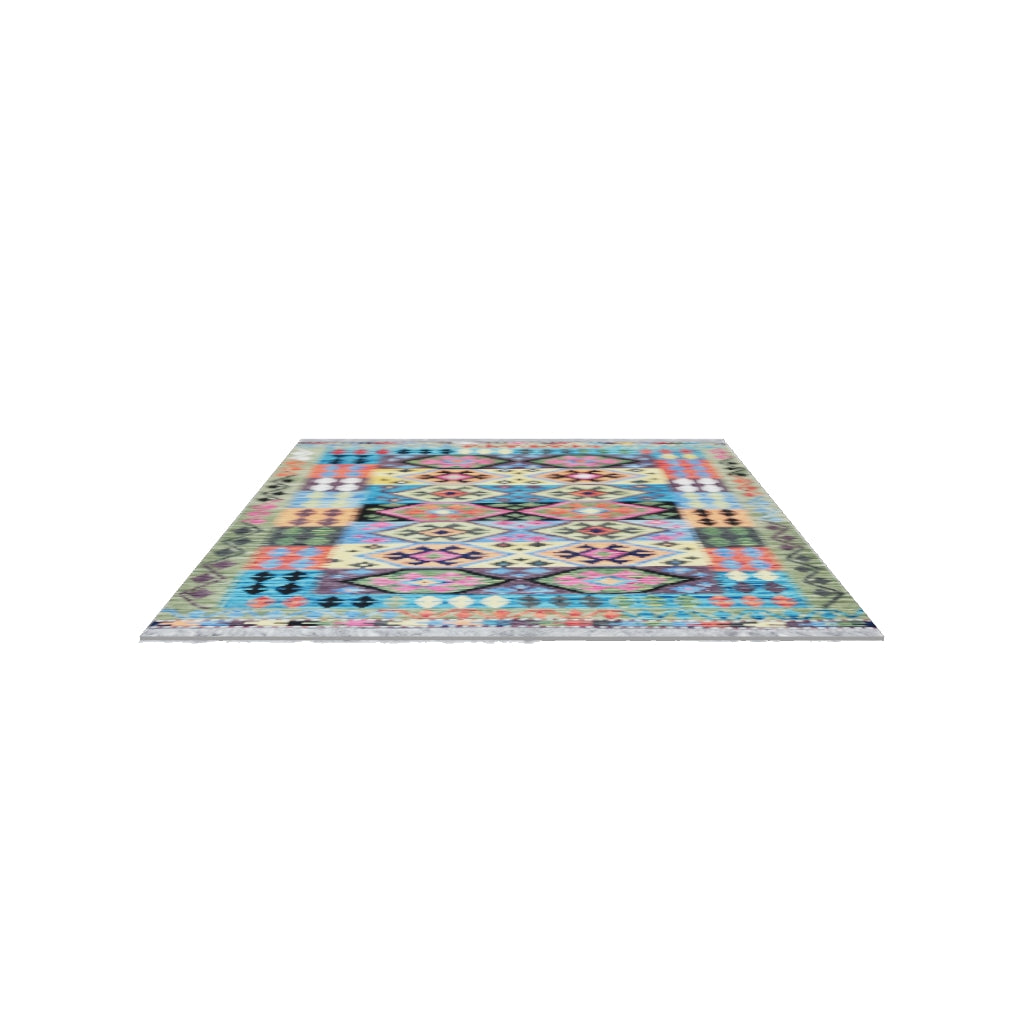 Afghan Kilim Rug 5x7 | Teal, Black & Yellow | Hand-Woven Wool Flatweave | True-Size 3D Rug | View in Your Room