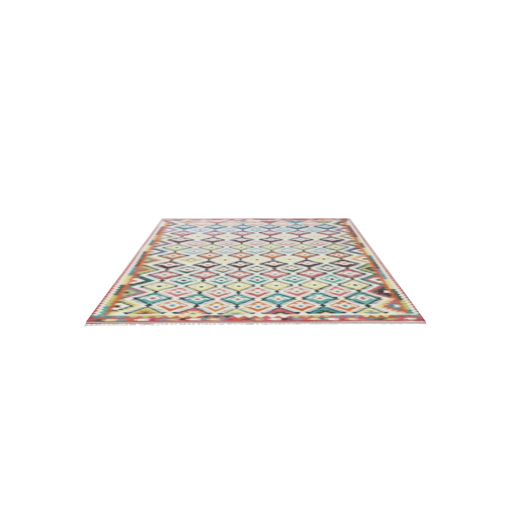 Afghan Kilim Rug 6x10 | Teal, Ivory & Red | Hand-Woven Wool Flatweave | True-Size 3D Rug | View in Your Room