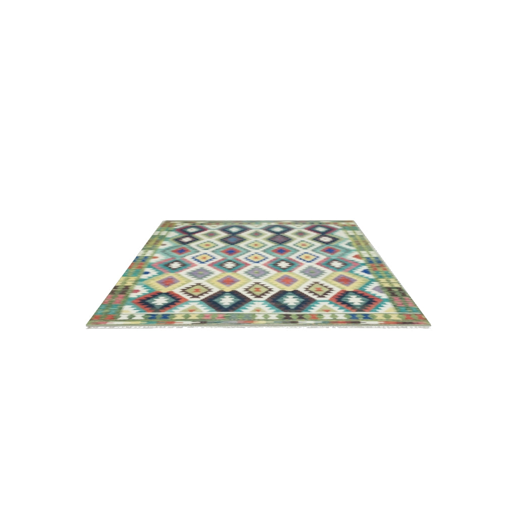 Afghan Kilim Rug 6x10 | Ivory, Teal & Navy | Hand-Woven Wool Flatweave | True-Size 3D Rug | View in Your Room