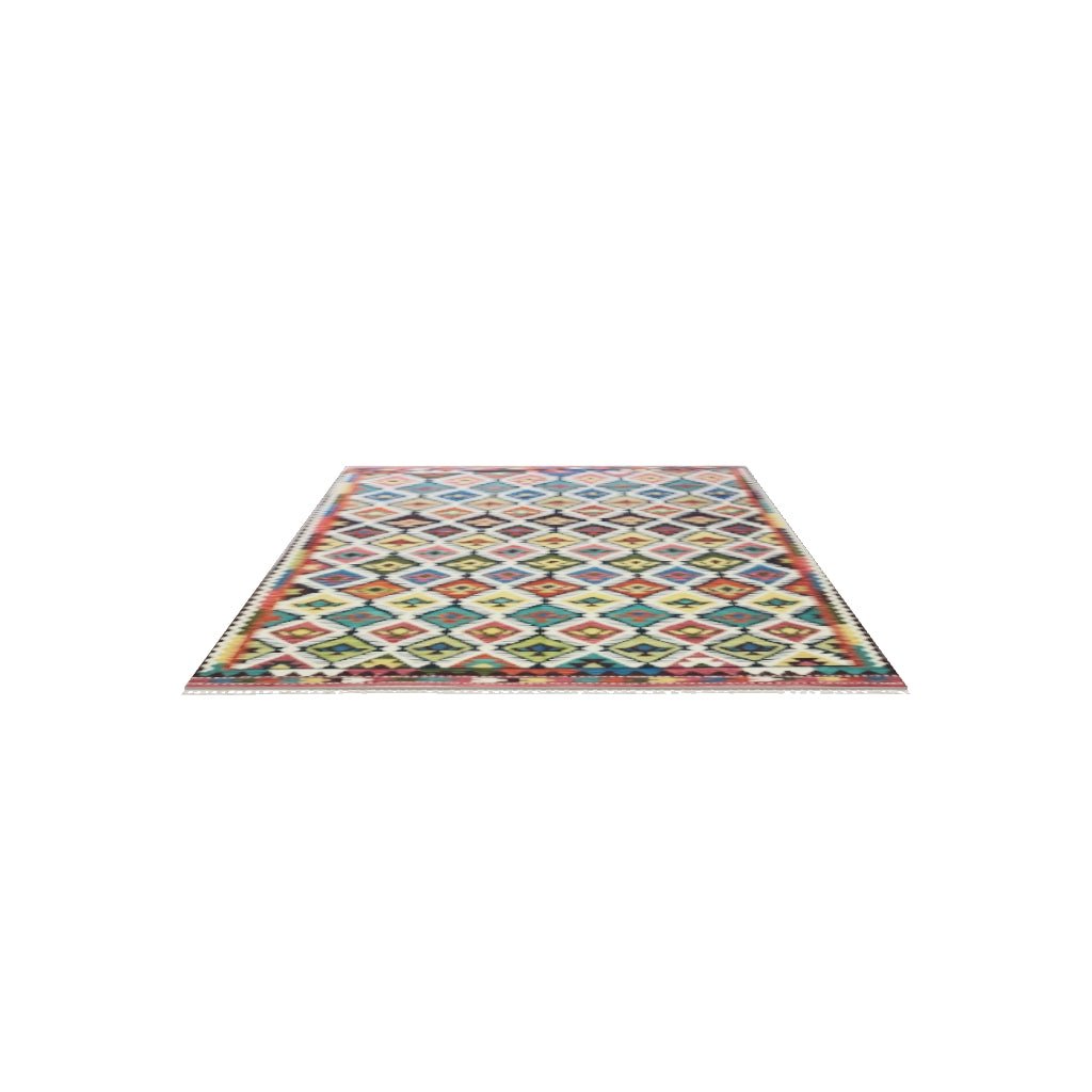 Afghan Kilim Rug 7x10 | Navy, Ivory & Teal | Hand-Woven Wool Flatweave | True-Size 3D Rug | View in Your Room
