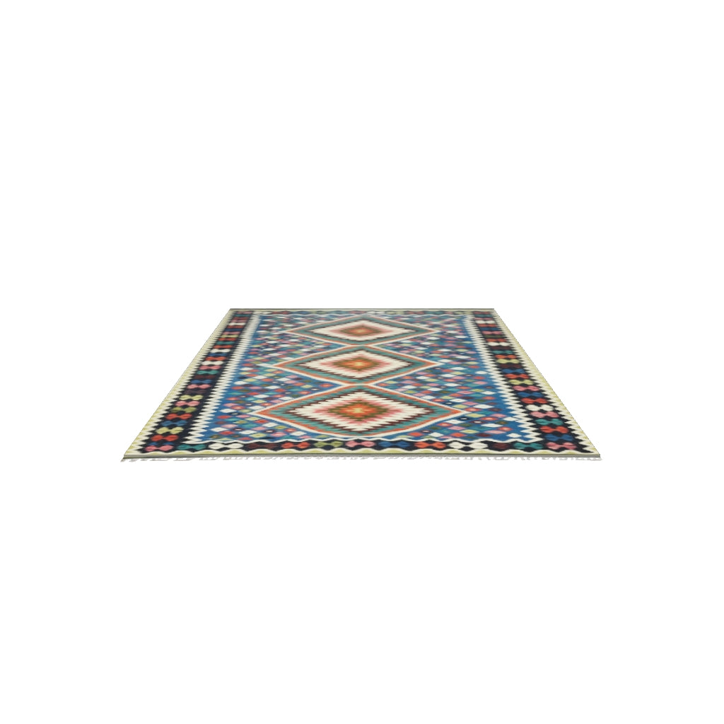 Afghan Kilim Rug 7x10 | Blue, Navy & Rust | Hand-Woven Wool Flatweave | True-Size 3D Rug | View in Your Room