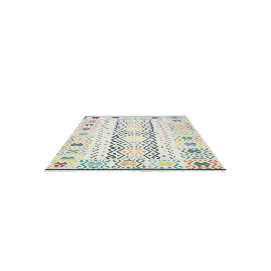 Afghan Kilim Rug 7x10 | Ivory, Navy & Teal | Hand-Woven Wool Flatweave | True-Size 3D Rug | View in Your Room