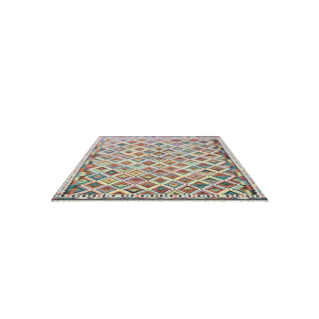 Afghan Kilim Rug 7x10 | Teal, Rust & Brown | Hand-Woven Wool Flatweave | True-Size 3D Rug | View in Your Room