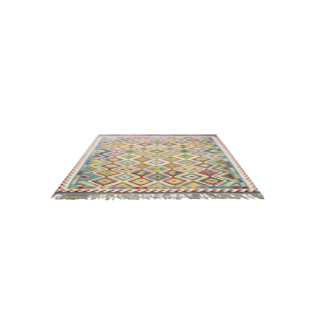 Afghan Kilim Rug 7x10 | Olive Green, Red & Gold | Hand-Woven Wool Flatweave | True-Size 3D Rug | View in Your Room
