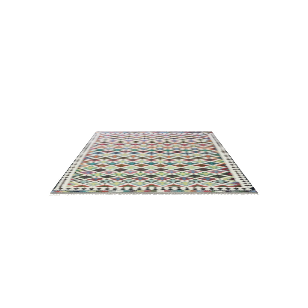 Afghan Kilim Rug 7x10 | Ivory, Green & Rust | Hand-Woven Wool Flatweave | True-Size 3D Rug | View in Your Room