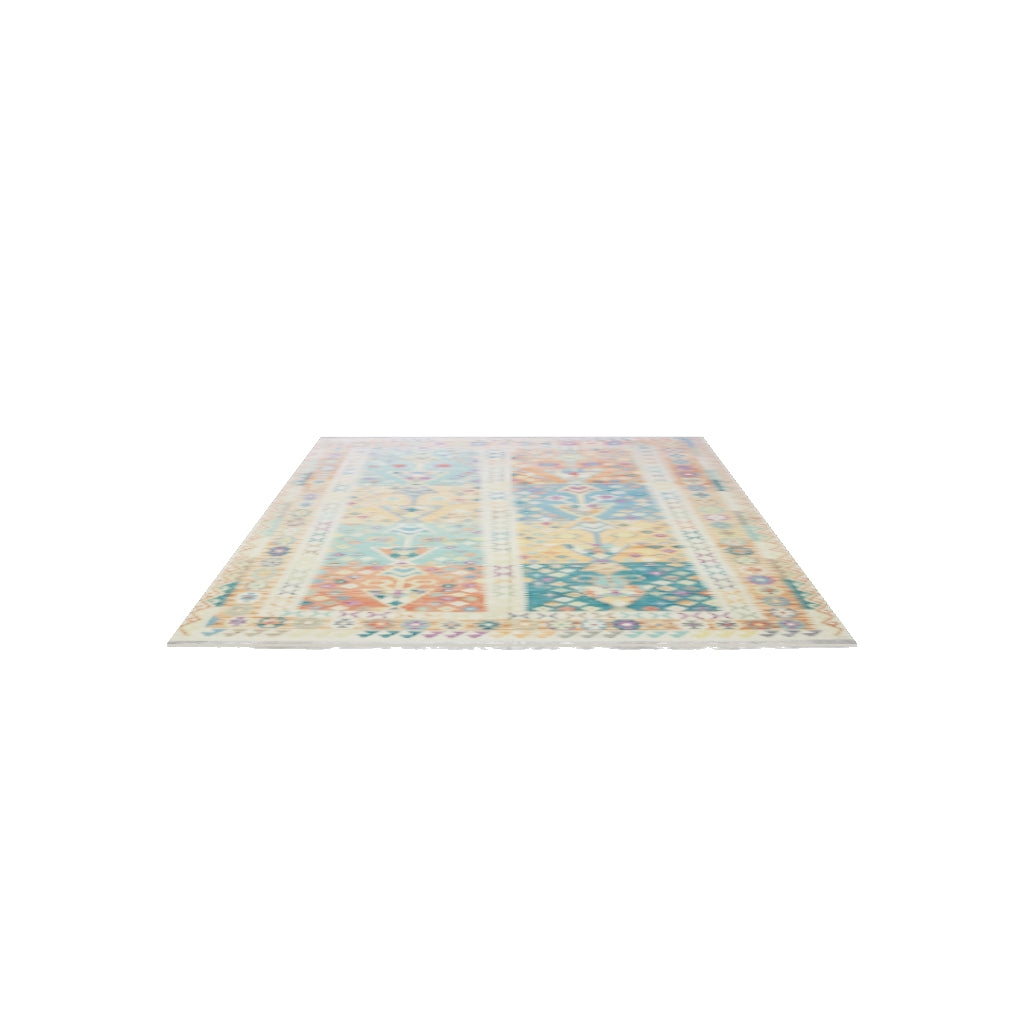 Afghan Kilim Rug 7x10 | Beige, Teal & Rust | Hand-Woven Wool Flatweave | True-Size 3D Rug | View in Your Room