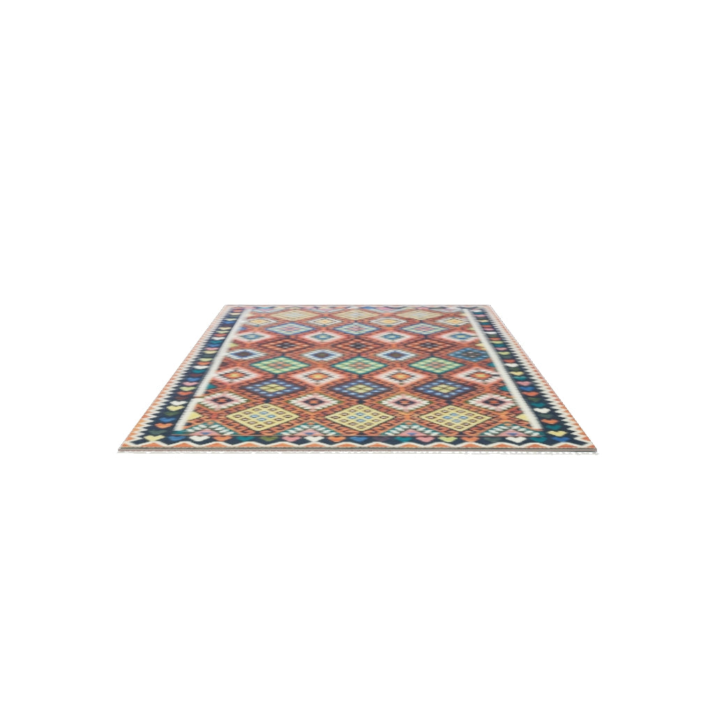 Afghan Kilim Rug 7x10 | Rust, Navy & Blue | Hand-Woven Wool Flatweave | True-Size 3D Rug | View in Your Room
