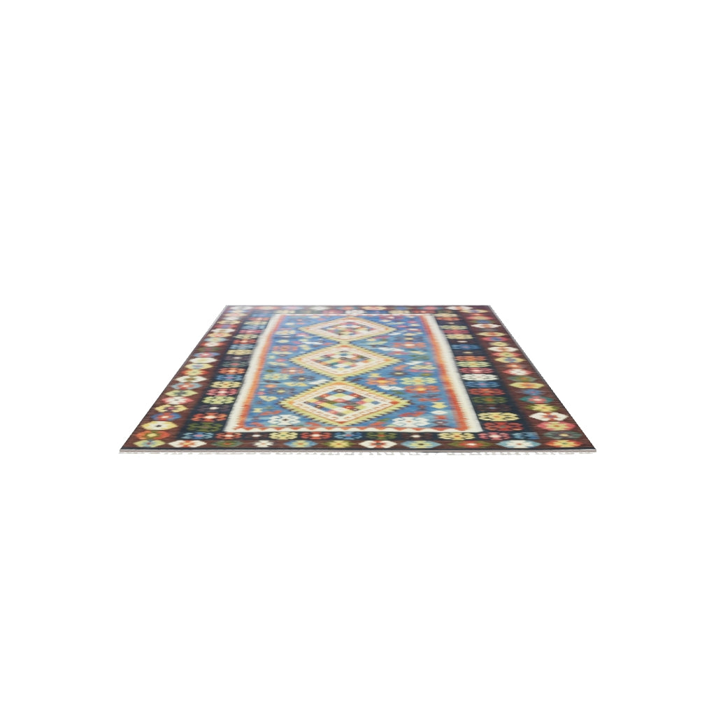 Afghan Kilim Rug 7x10 | Blue, Brown & Ivory | Hand-Woven Wool Flatweave | True-Size 3D Rug | View in Your Room