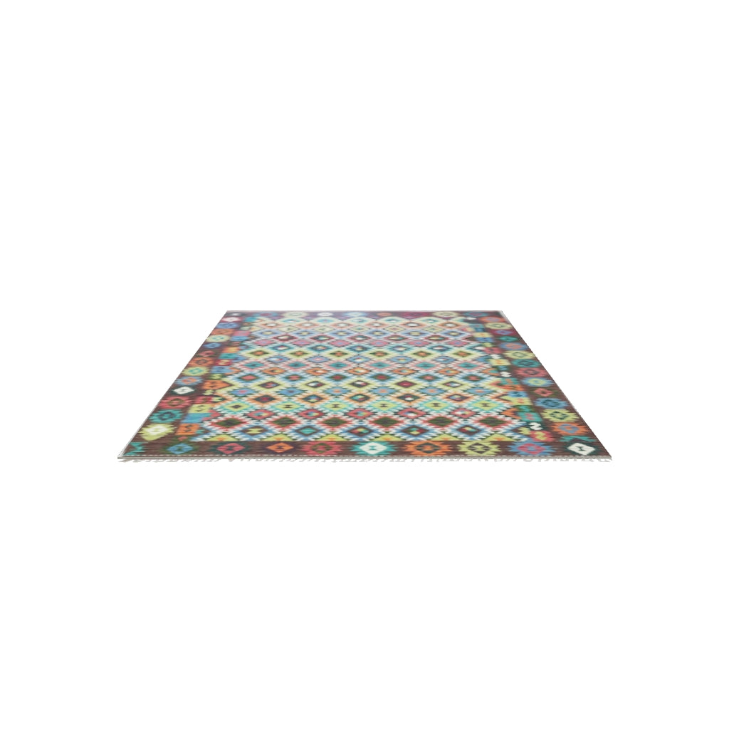 Afghan Kilim Rug 7x10 | Teal, Brown & Pink | Hand-Woven Wool Flatweave | True-Size 3D Rug | View in Your Room