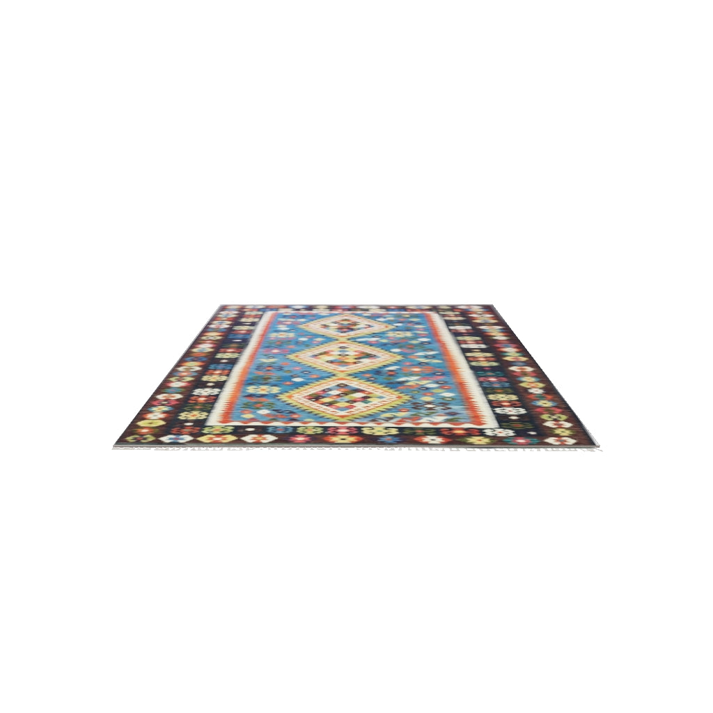 Afghan Kilim Rug 7x10 | Blue, Navy & Rust | Diamond Medallion Wool Flatweave | Ivory Accents | True-Size 3D Rug | View in Your Room