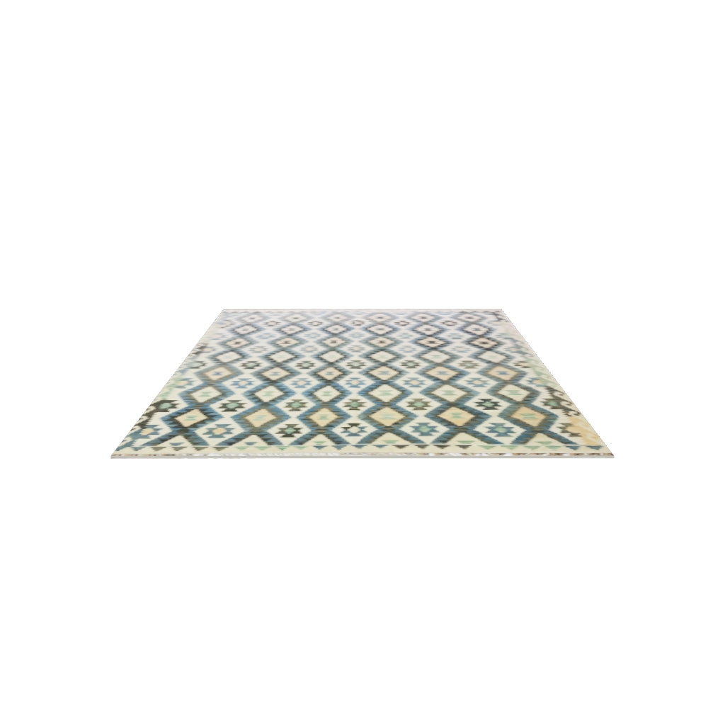 Afghan Kilim Rug 7x10 | Beige, Blue & Gray | Hand-Woven Wool Flatweave | True-Size 3D Rug | View in Your Room