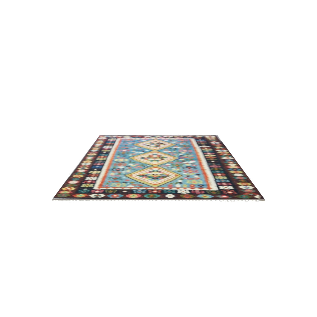 Afghan Kilim Rug 7x10 | Blue, Navy & Rust | Diamond Medallion Wool Flatweave | True-Size 3D Rug | View in Your Room