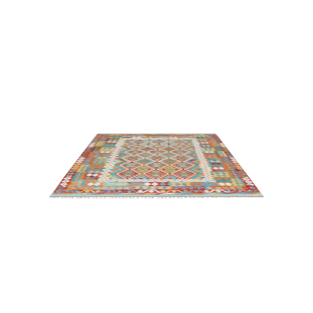 Afghan Kilim Rug 7x10 | Rust, Teal & Orange | Hand-Woven Wool Flatweave | True-Size 3D Rug | View in Your Room