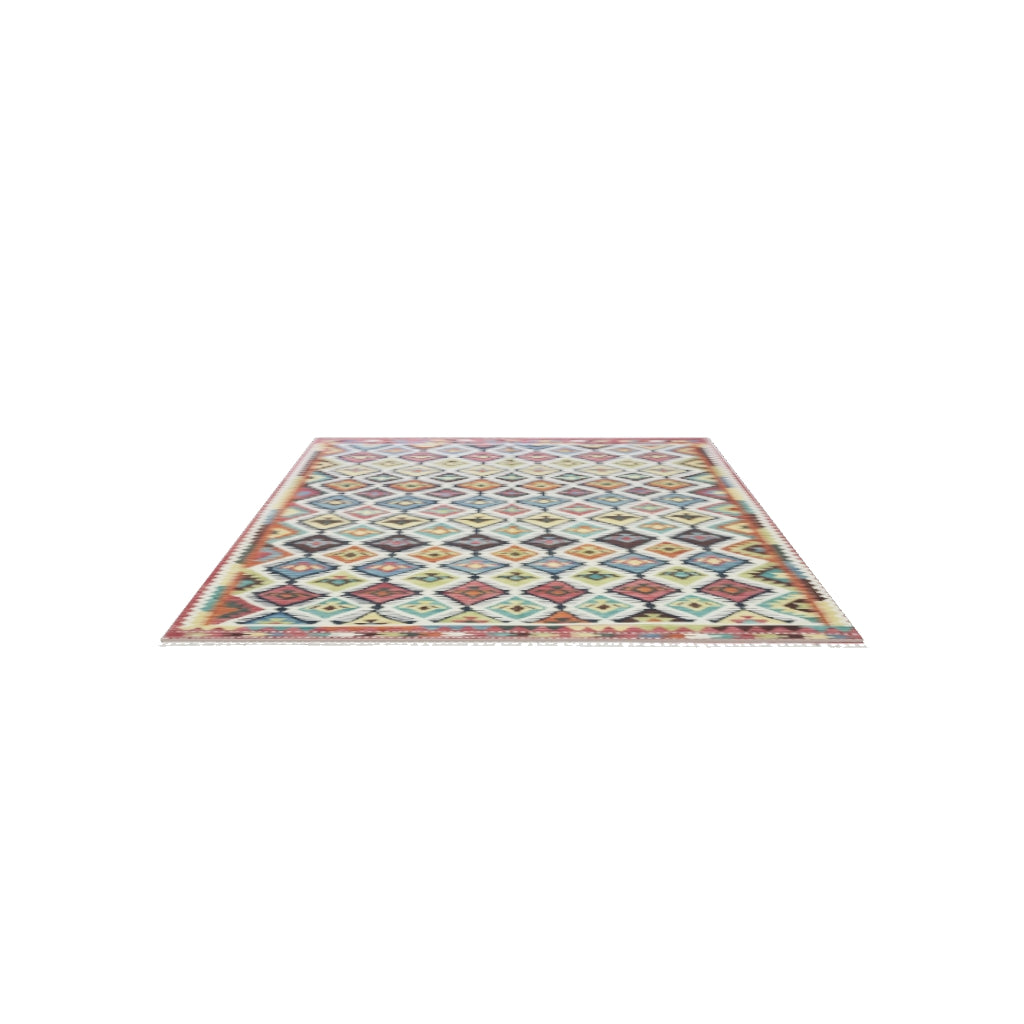 Afghan Kilim Rug 7x10 | Navy, Ivory & Red | Hand-Woven Wool Flatweave | True-Size 3D Rug | View in Your Room