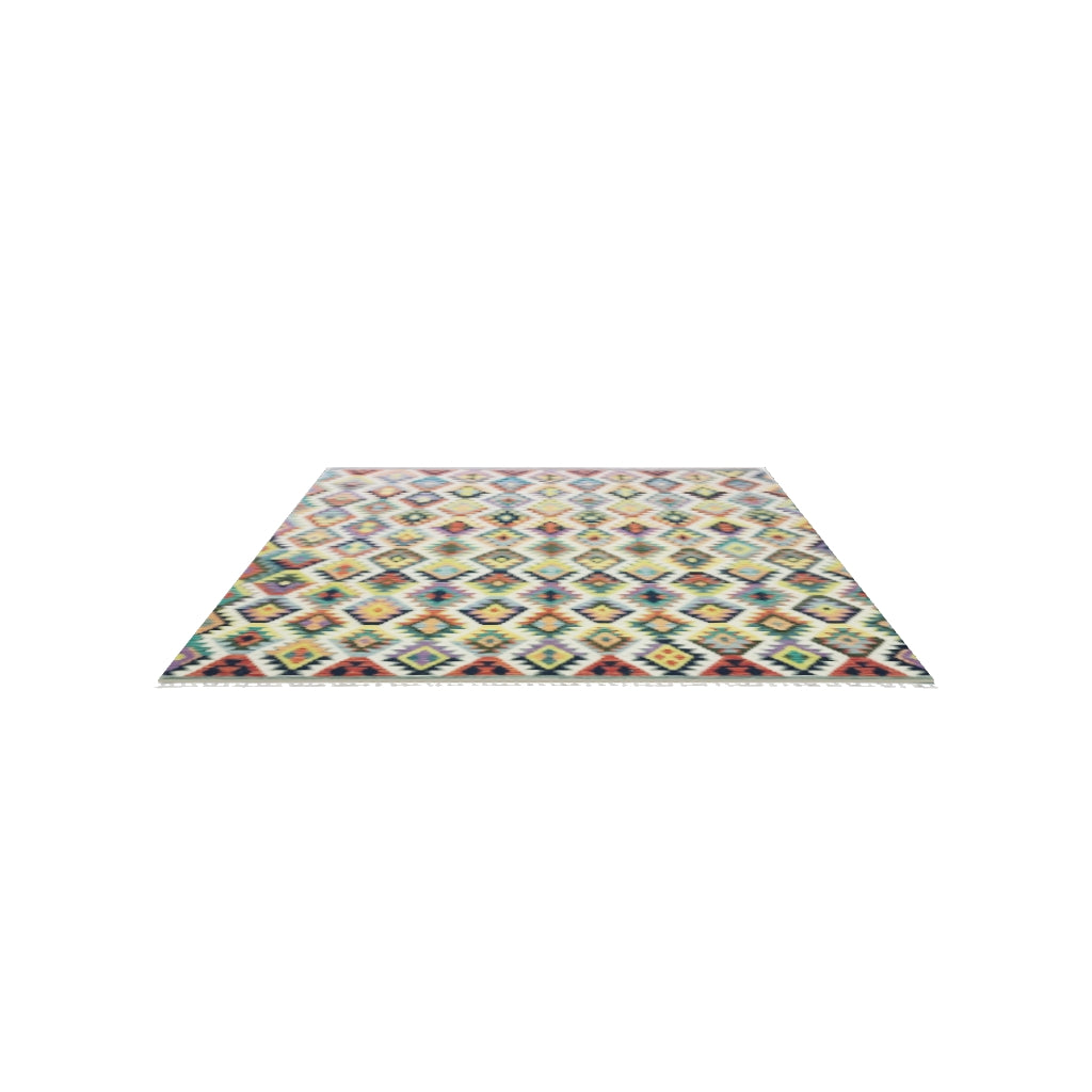 Afghan Kilim Rug 7x10 | Ivory, Rust & Teal | Hand-Woven Wool Flatweave | True-Size 3D Rug | View in Your Room