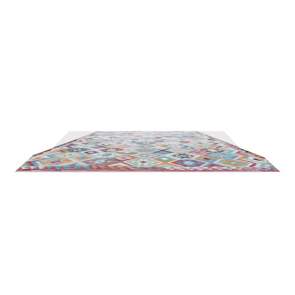Afghan Kilim Rug 8x10 | Gray, Pink & Blue | Hand-Woven Wool Flatweave | True-Size 3D Rug | View in Your Room