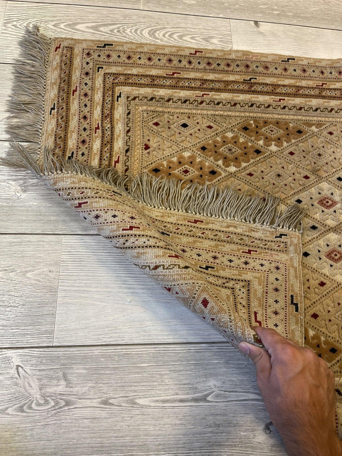 Afghan Kilim Rug 16" x 32", Hand-Woven Wool, Cream & Beige, view 4