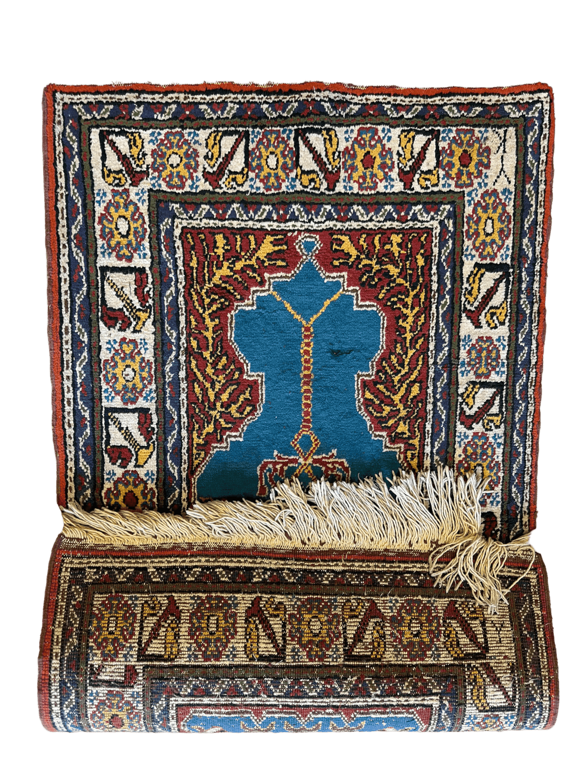 Turkish Kayseri Prayer Rug 2x2, Blue, Ivory & Rust, Hand-Knotted Silk, view 3