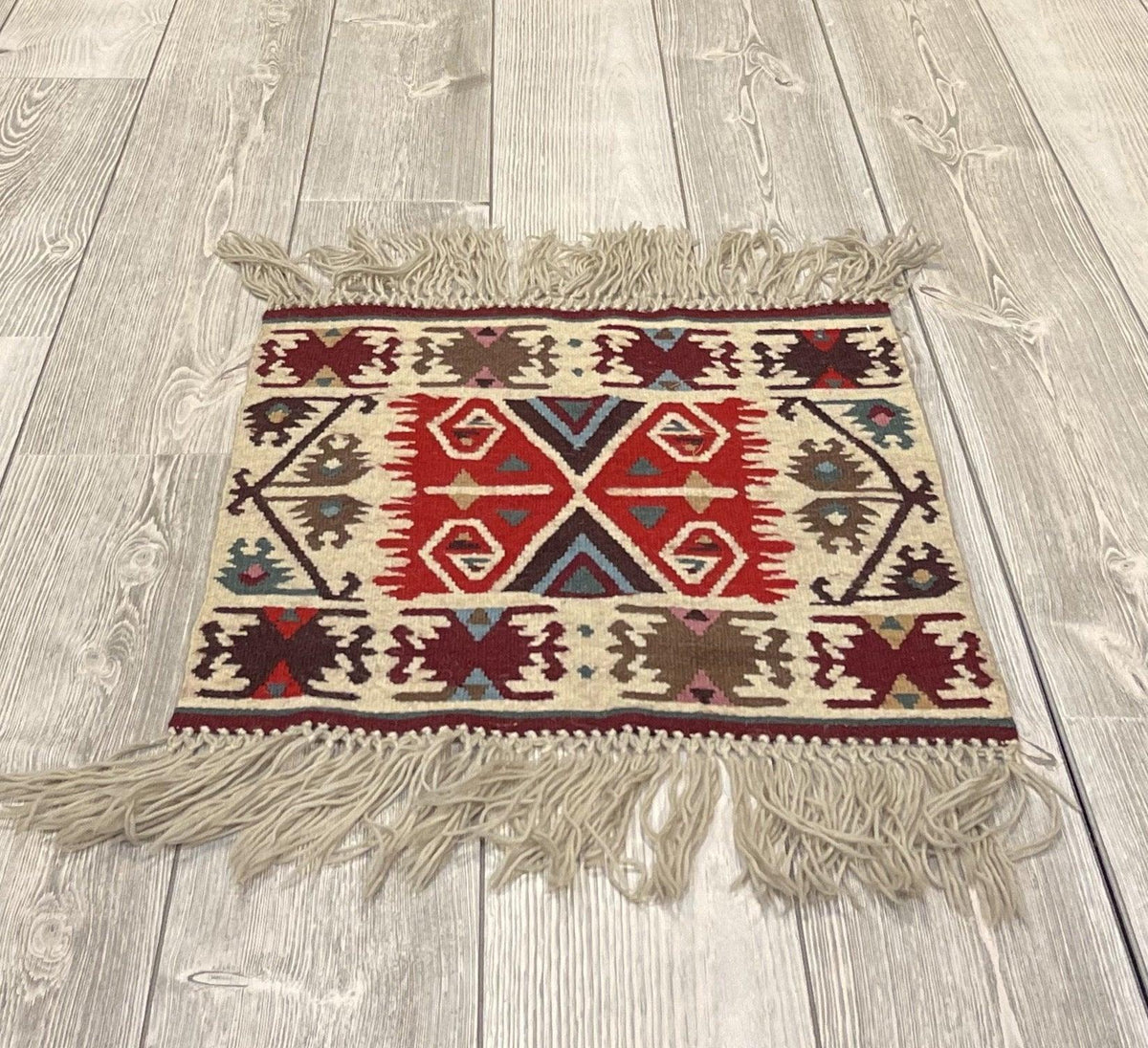 Vintage Bulgarian Kilim Rug 19" x 20", Hand-Woven Wool, Cream, view 2