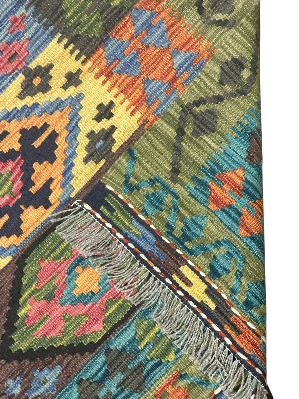 Afghan Kilim Rug 5x7, Teal, Black & Yellow, Hand-Woven Wool Flatweave, view 6